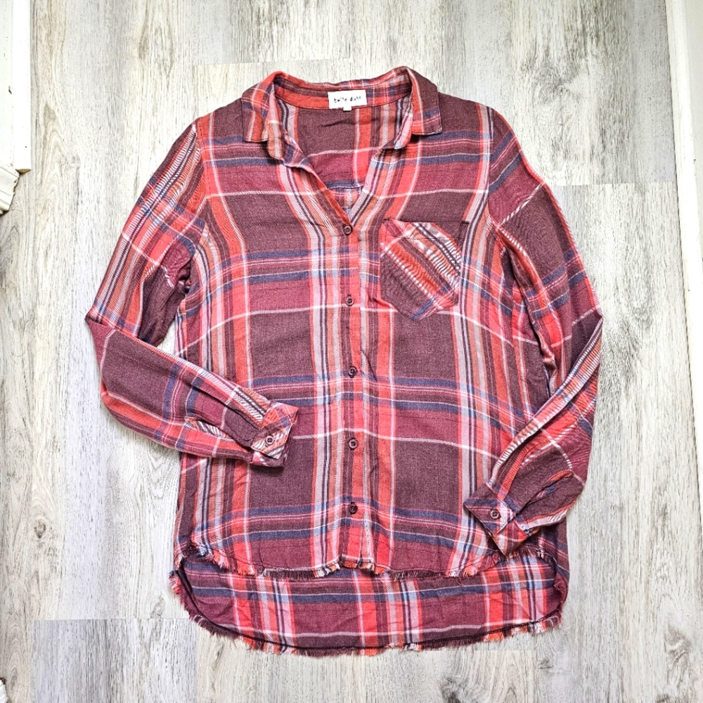 Bella Dahl Fringe Hem Flannel Long Sleeve Shirt Small